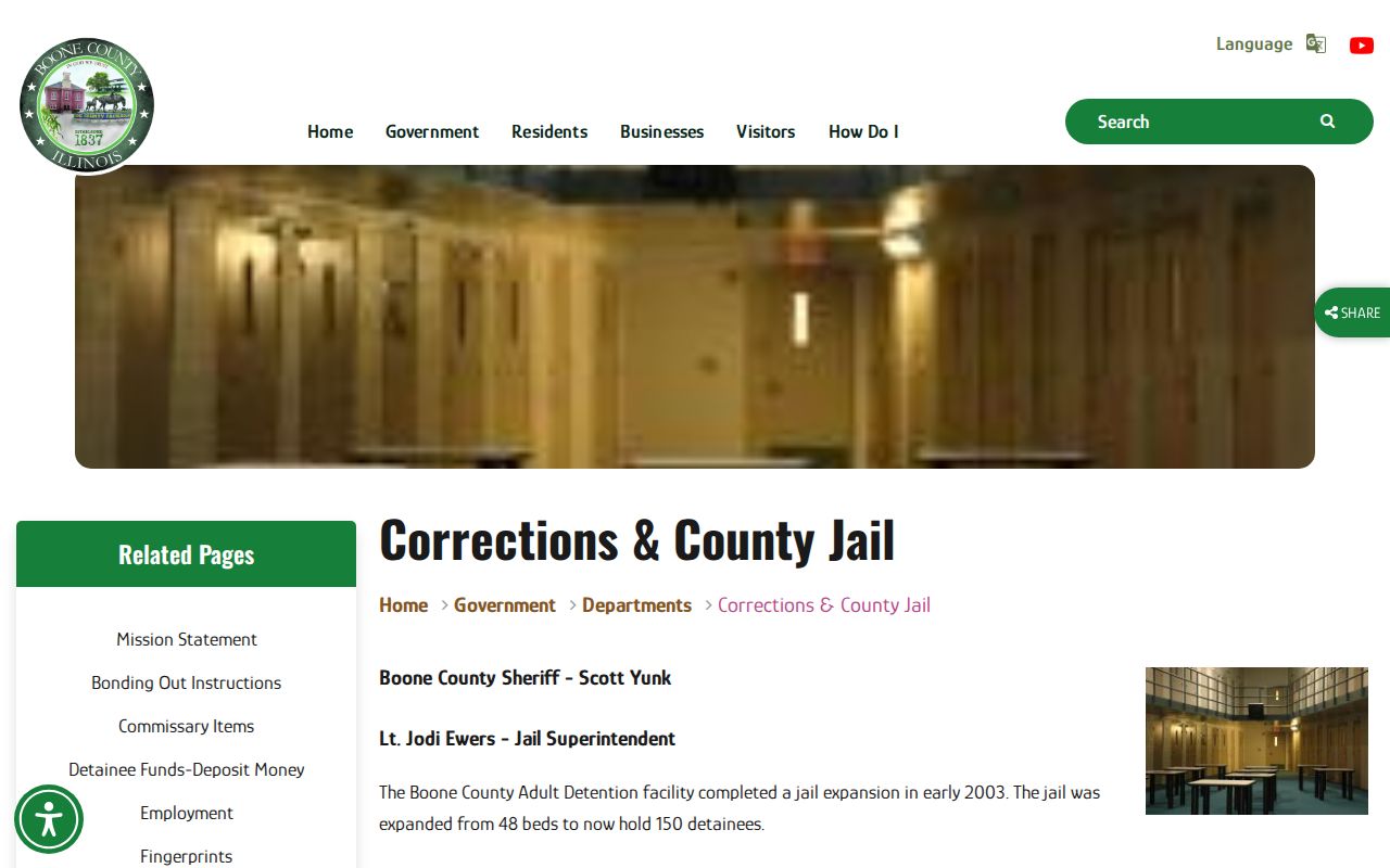 Boone County Corrections and County Jail official arrest and custody services page